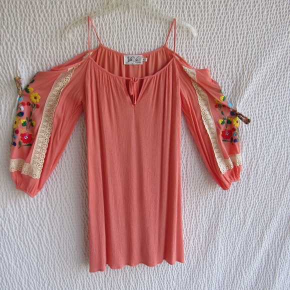 Gauze Peep Cold Shoulder Dress Sleeve Embroidered Joy Haan Boho Small - Picture 1 of 3